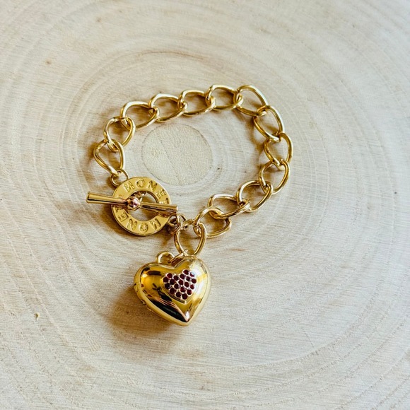 VTG Monet Gold Tone charm Bracelet Heart Locket red jeweled rhinestone designer - Picture 1 of 4